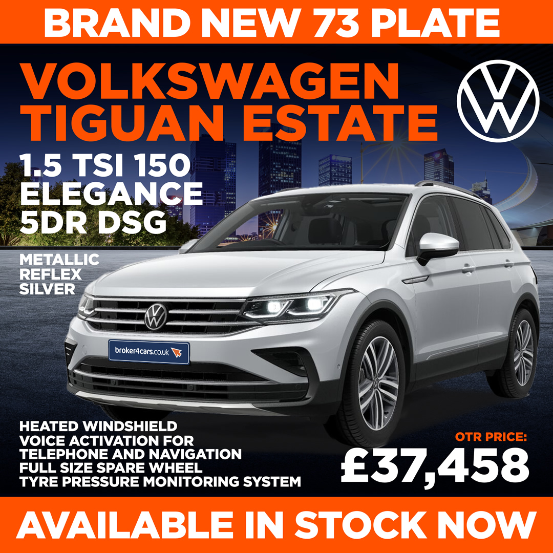 Volkswagen Tiguan Estate 1.5 TSI 150 Elegance 5DR DSG. Brand New 73 Plate. Metallic Reflex Silver. Heated Windshield, Voice Activation for Telephone and Navigation, Full Size Spare Wheel, Tyre Pressure Monitoring System. Available in Stock Now. Broker4Cars Price £37,458 OTR