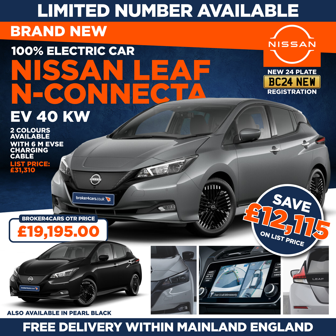 Nissan Leaf N-Connecta 40KW. Pearl Black or Gun Metallic. 6m EVSE Cable. Free Delivery within Mainland England. Limited Number available. List Price £31,310. Broker4Cars Price £19,195 OTR