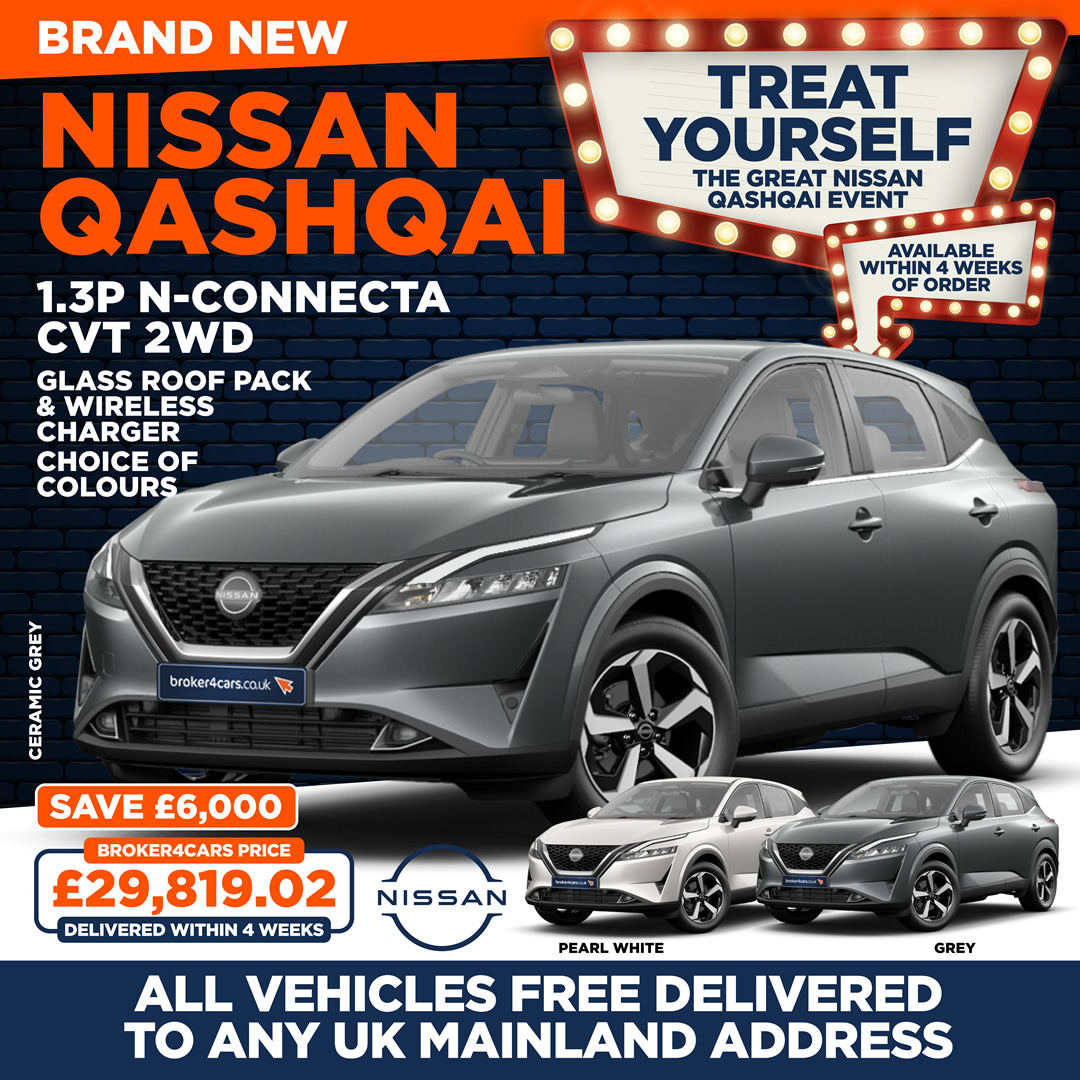 Brand New Nissan Qashqai 1.3P N-Connecta CVT 2WD. Glass Roof Pack and Wireless Charger. Choice of Colours: Ceramic Grey, Pearl White, Grey. Save £6,000. All vehicles free delivered to any UK Mainland Address. Available within 4 weeks of order. Treat Yourself. The Great Nissan Qashqai Event. Broker4Cars Price £29,819.02 OTR