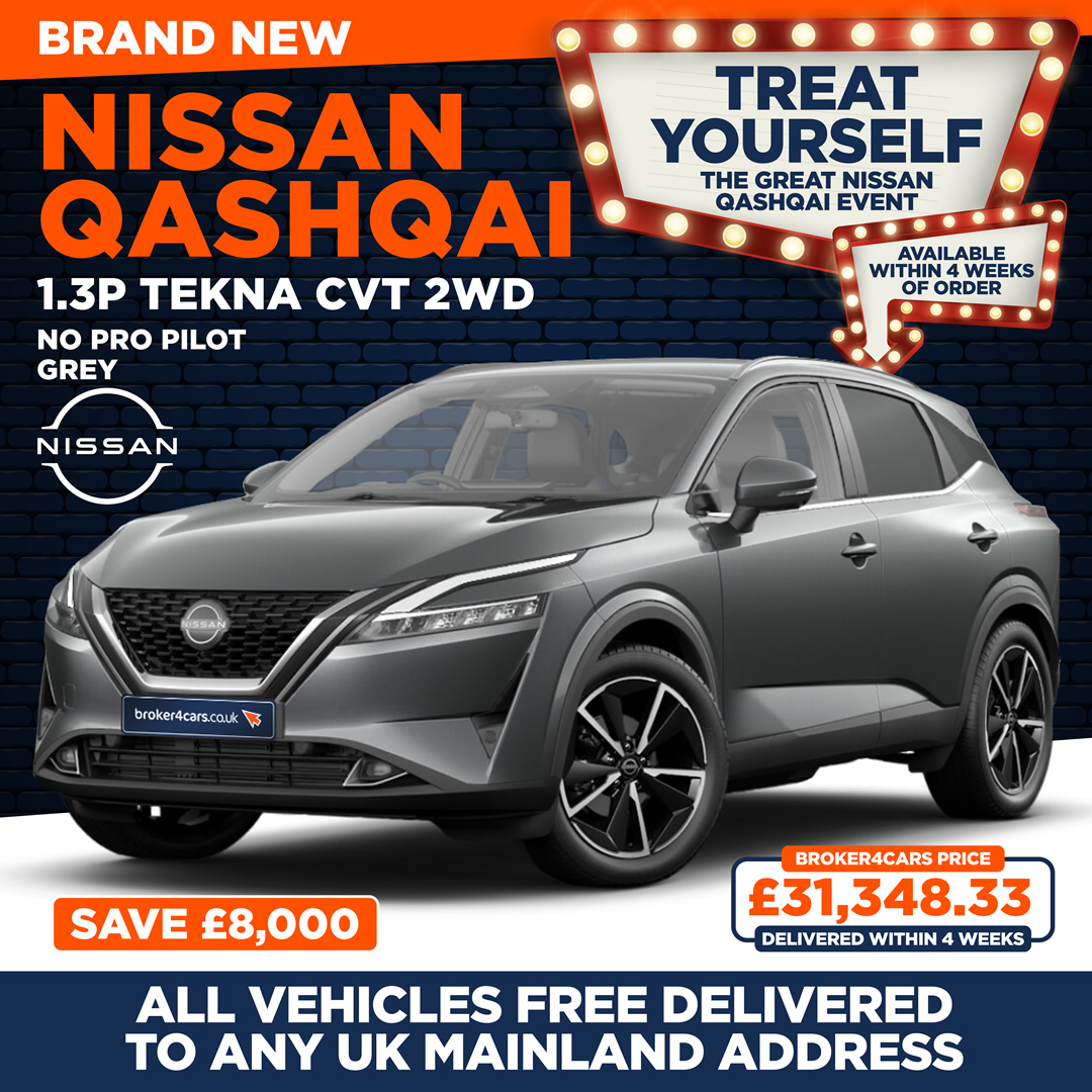 Brand New Nissan Qashqai 1.3P Tekna CVT 2WD Grey. No Pro Pilot. Save £8,000. All vehicles free delivered to any UK Mainland Address. Available within 4 weeks of order. Treat Yourself. The Great Nissan Qashqai Event. Broker4Cars Price £31,348.33 OTR