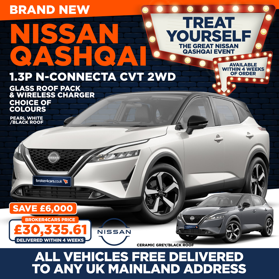 Brand New Nissan Qashqai 1.3P N-Connecta CVT 2WD. Glass Roof Pack and Wireless Charger. Choice of Colours: Pearl White with Black Roof, Grey with Black Roof. Save £6,000. All vehicles free delivered to any UK Mainland Address. Available within 4 weeks of order. Treat Yourself. The Great Nissan Qashqai Event. Broker4Cars Price £30,335.61 OTR