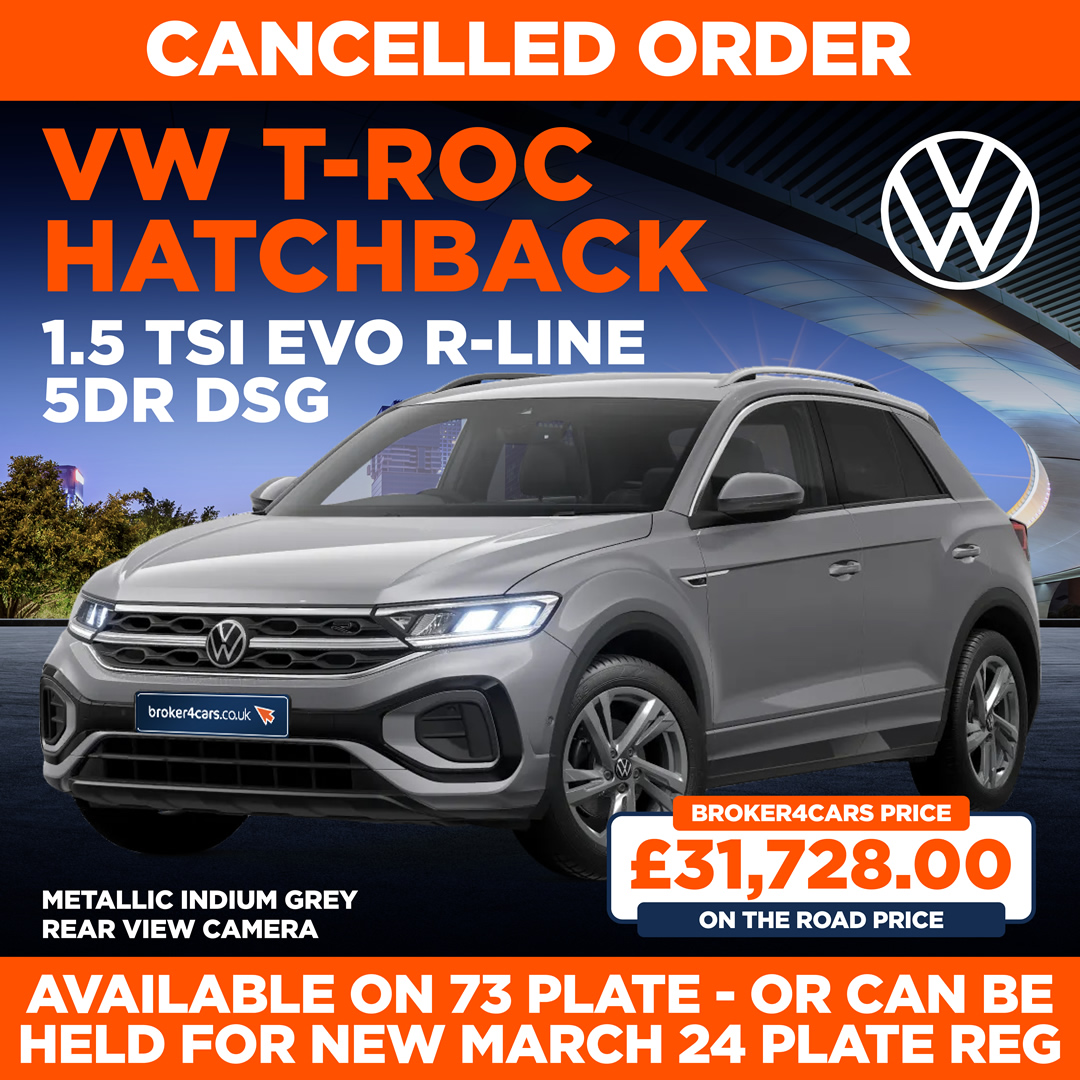 VOLKSWAGEN T-ROC HATCHBACK 1.5 TSI EVO R-LINE 5DR DSG. Metallic - Indium Grey. Rear view camera. In stock – cancelled order. Available on 73 Plate - or can be held for new March 24 Plate Registration. Broker4Cars Price £31,728 OTR