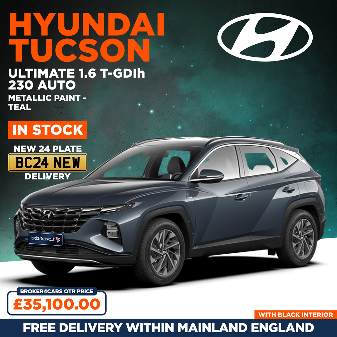 Hyundai Tucson Ultimate 1.6 T-GDIh 230 AUTO. Teal Paint. Black Interior. In Stock Now. Broker4Cars Price £35,100 OTR