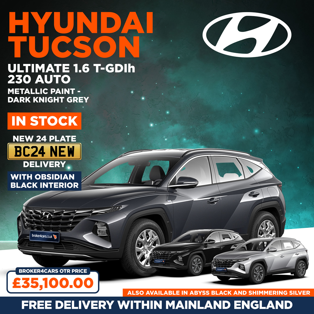 Hyundai Tucson Ultimate 1.6 T-GDIh 230 AUTO. Abyss Black, Shimmering Silver, or Dark Knight Grey Paint. Black Interior. In Stock Now. Broker4Cars Price £35,100 OTR