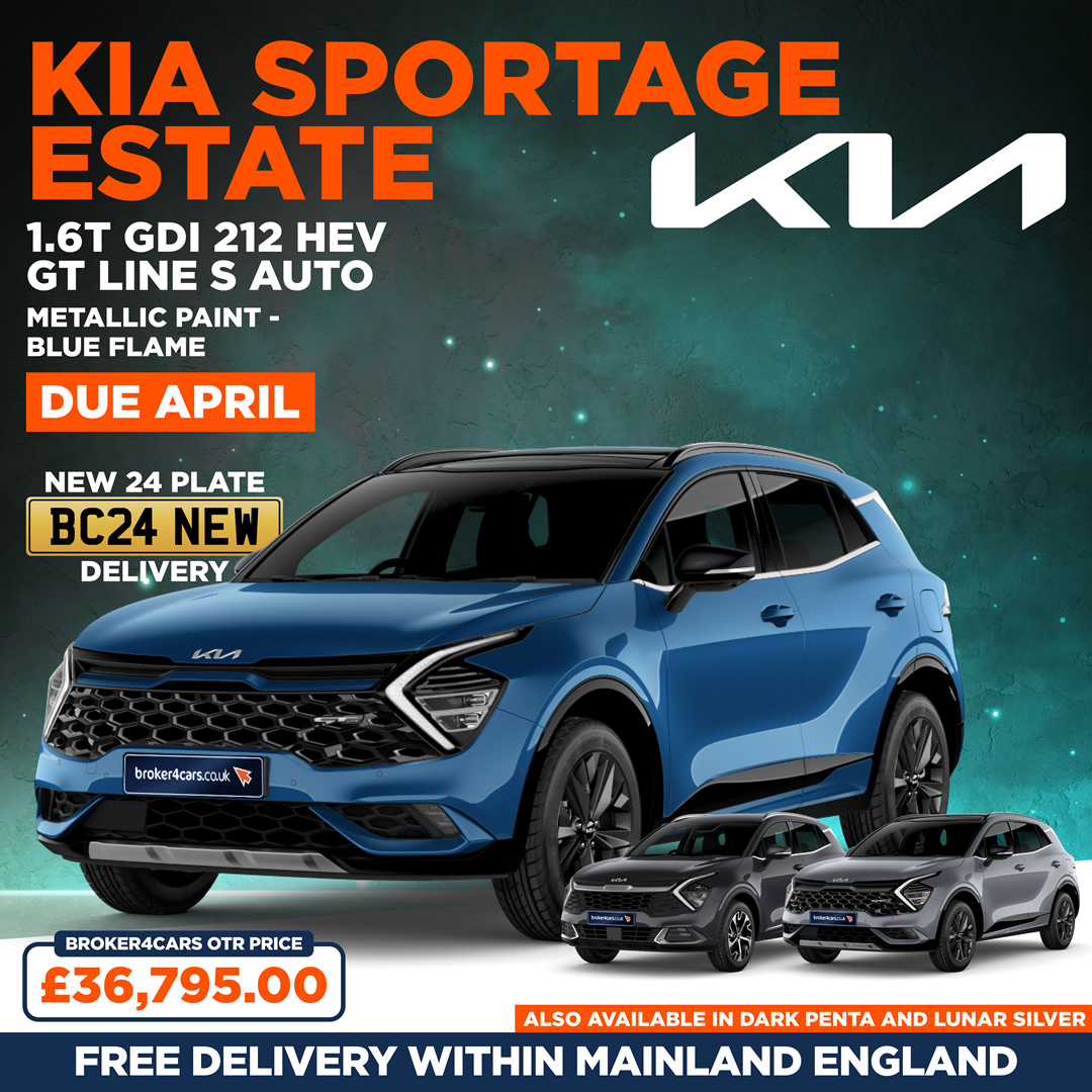 Kia Sportage GT-LINE S1.6T GDI 212 HEV AUTO. Blue Flame, Lunar Silver, Dark Penta Metallic Paint. In Stock April. Broker4Cars Price £36,795 OTR