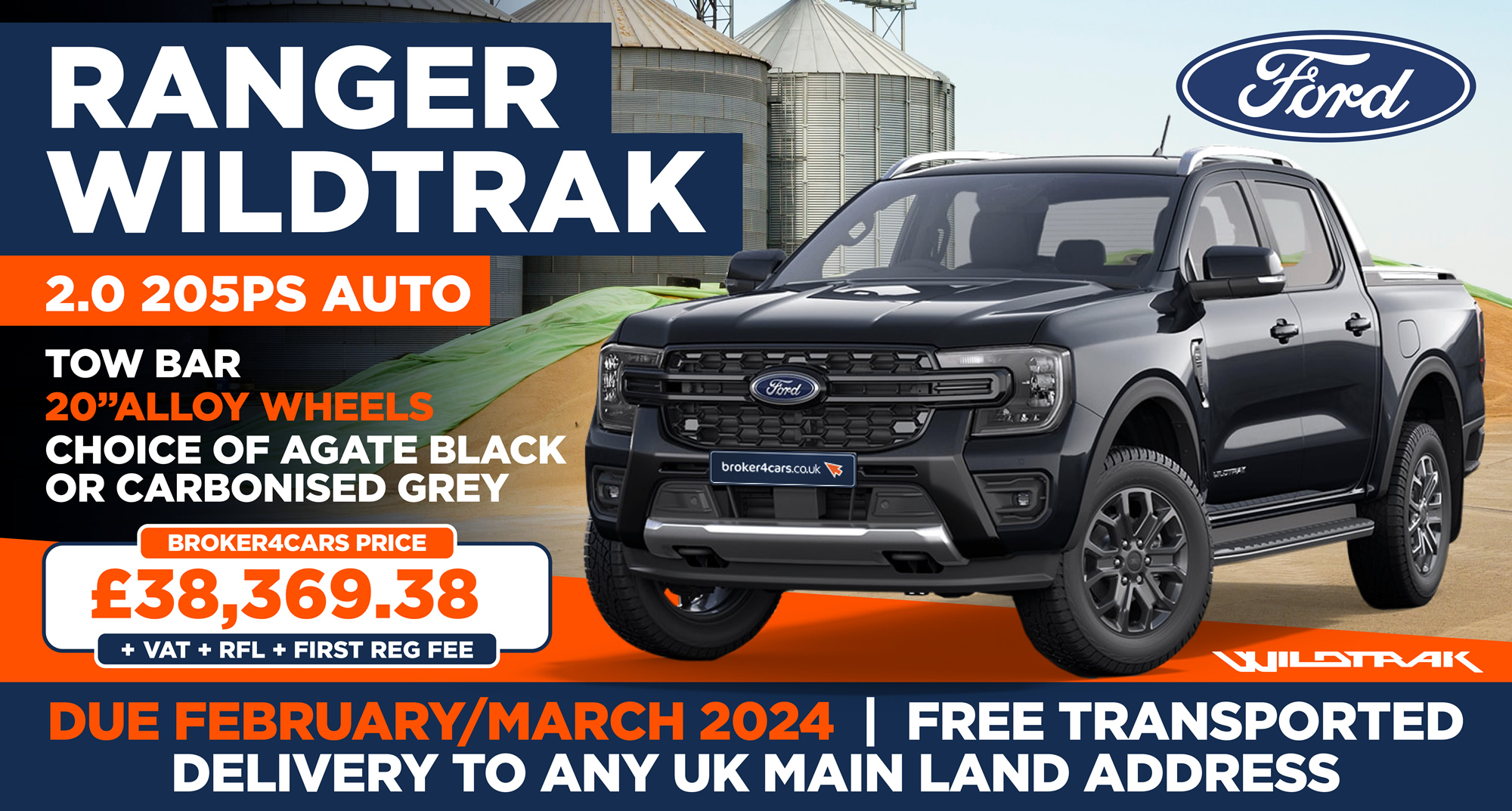 Ranger Wildtrak 2.0 205PS AutoTow Bar, 20 Inch Alloy Wheels, Choice of Agate Black or Carbonised Grey