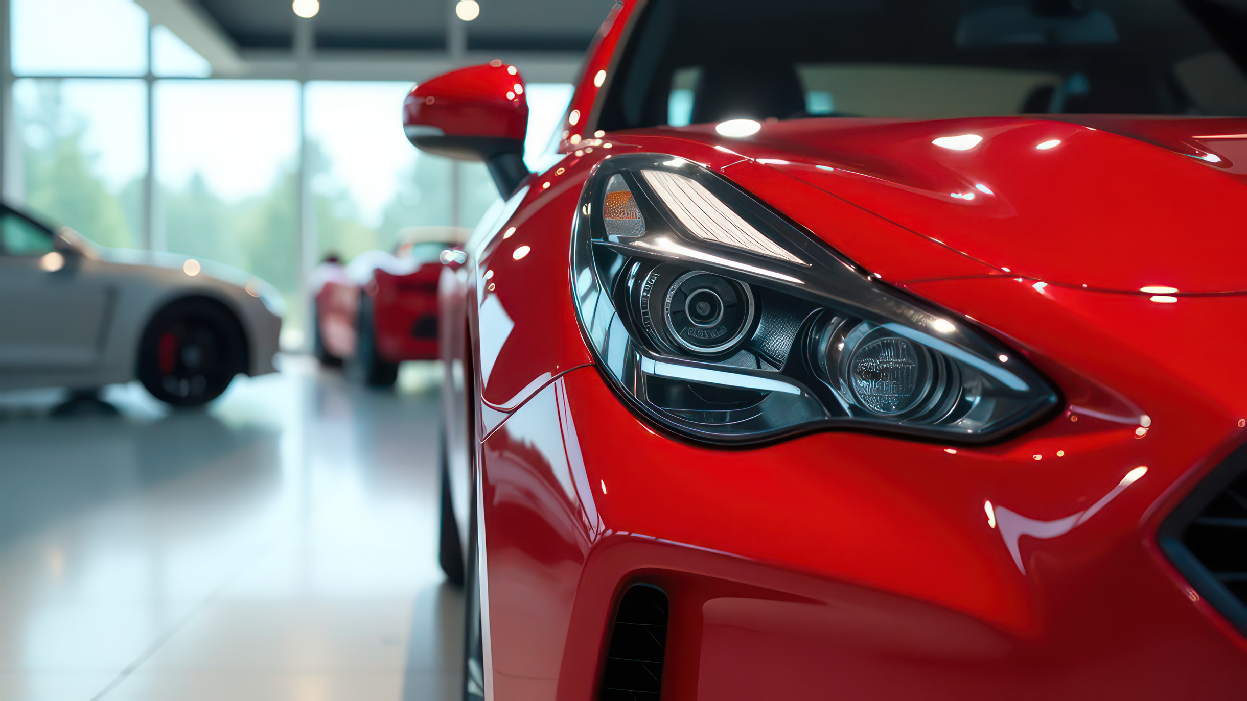 Picture of close up of a red car in a showroom